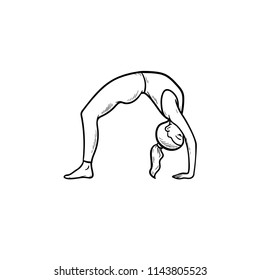 Woman practicing yoga bridge pose hand drawn outline doodle icon. Healthy lifestyle, yoga exercises concept. Vector sketch illustration for print, web, mobile and infographics on white background.