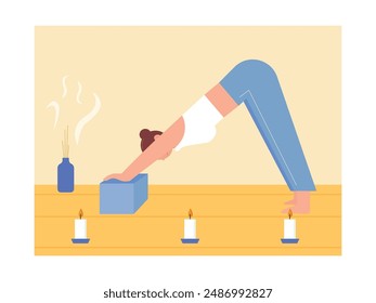 Woman practicing yoga with candles and aroma therapy, balance for body and mind. Character design. Vector flat illustration