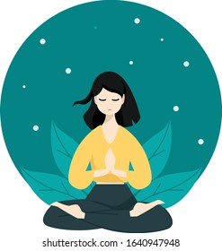 Woman Practicing Yoga character Vector Illustration, Flat And Minimalis Design, international yoga day poster vector banner, women meditate and refresh mind and soul flat design