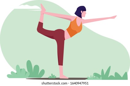 Woman Practicing Yoga character Vector Illustration, international yoga day poster vector banner, Stay At Home And Keep Fit By Practising Yoga, Exercise And Workout At Home, Happy Yoga World Day