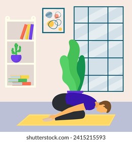 Woman practicing yoga Child's Pose in a peaceful home setting. Indoor relaxation exercise, wellbeing and mindfulness activity. Yoga session calmness and fitness routine vector illustration.