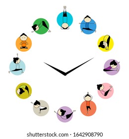 Woman practicing Yoga. Circle clock concept. Poster infographics design for yoga studio. International Yoga Day greeting card. Vector illustration