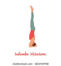 Woman practicing yoga concept, standing in salamba sirsasana exercise, headstand pose, working out, Flat vector illustration isolated on white background
