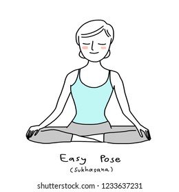 Woman practicing yoga. Cute woman doing yoga practice with Sukhasana or Easy Pose. Beauty and well-being concept with woman practicing yoga asana. Vector illustration with doodle style.
