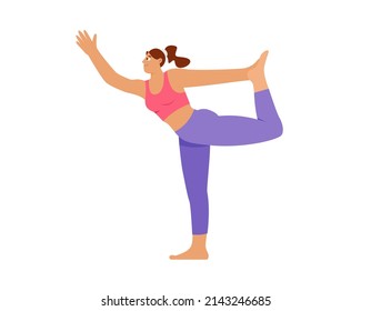Woman practicing yoga, dancer pose, standing on one leg, Natarajasana. Flat vector illustration, isolated character