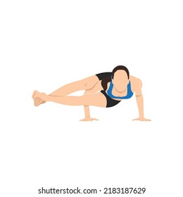 Woman Practicing Yoga, Doing Arm Stand Astavakrasana, Asymmetrical Arm Balance Eight-Angle Pose. Flat Vector Illustration Isolated On White Background