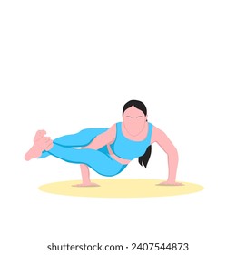 Woman practicing yoga, doing arm stand Astavakrasana, asymmetrical arm balance Eight-Angle Pose. Flat vector illustration isolated on white background