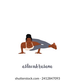 Woman practicing yoga, doing arm stand Astavakrasana, asymmetrical arm balance Eight-Angle Pose. Flat vector illustration isolated on white background