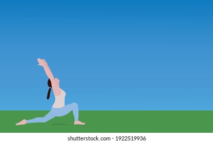 woman practicing yoga doing Virabhadrasana posture over green grass and blue sky