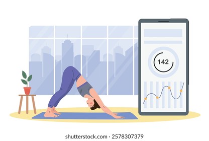 Woman practicing yoga in a downward dog pose on a mat indoors near a large smartphone showing health data. Bright room, modern fitness concept. Vector illustration