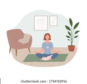 Woman practicing yoga and enjoying meditation at home. Girl with crossed legs sitting on floor in lotus position meditating. Relaxation at home. Cozy interior, room, apartment Flat vector illustration