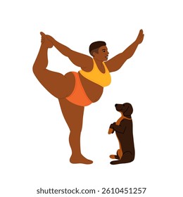 Woman practicing yoga exercise with cute cat at home. Happy person doing stretching workout with pet. Young female working out with dog. Flat vector illustration isolated on white background