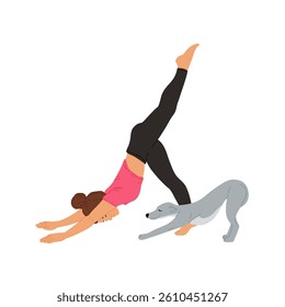 Woman practicing yoga exercise with cute cat at home. Happy person doing stretching workout with pet. Young female working out with dog. Flat vector illustration isolated on white background