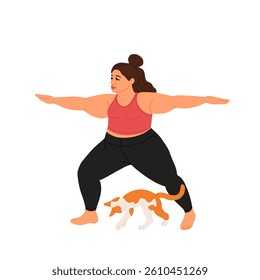 Woman practicing yoga exercise with cute cat at home. Happy person doing stretching workout with pet. Young female working out with dog. Flat vector illustration isolated on white background
