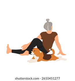 Woman practicing yoga exercise with cute cat at home. Happy person doing stretching workout with pet. Young female working out with dog. Flat vector illustration isolated on white background