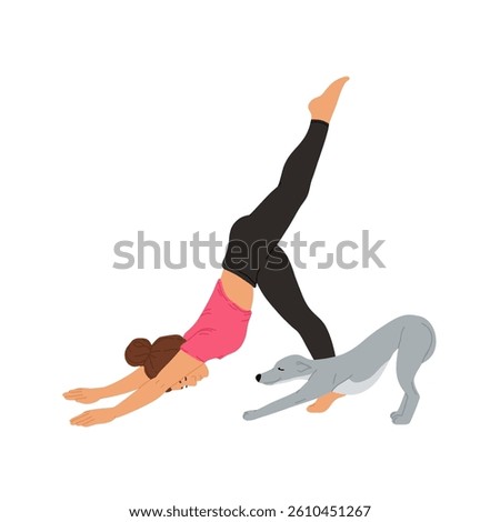 Woman practicing yoga exercise with cute cat at home. Happy person doing stretching workout with pet. Young female working out with dog. Flat vector illustration isolated on white background