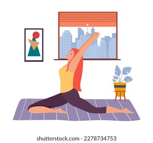 Woman practicing yoga exercise at home. Sport and fitness of yoga, workout healthy fitness illustration. Training at home, body of exercise