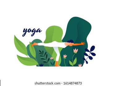 Woman practicing yoga exercise outdoor, yoga pose. Modern flat design concept of web page design or mobile website. International Yoga Day. Vector illustration