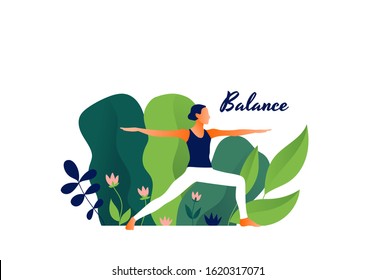 Woman Practicing Yoga Exercise Outdoor, Yoga Pose, Balance. Modern Flat Design Concept Of Web Page Design Or Mobile Website. International Yoga Day. Vector Illustration