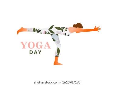 Woman practicing yoga exercise, yoga pose. Modern flat design concept of web page design or mobile website. International Yoga Day. Vector illustration