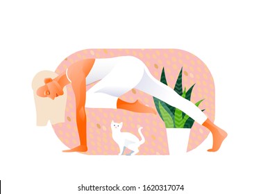 Woman practicing yoga exercise, yoga pose. Cat bothers. White kitten. Design concept of web page design or mobile website. International Yoga Day. Vector illustration