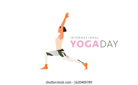 Woman practicing yoga exercise, yoga pose. Modern flat design concept of web page design or mobile website. International Yoga Day. Vector illustration