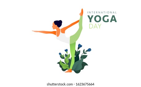Woman practicing yoga exercise, yoga pose. Modern flat design concept of web page design or mobile website. International Yoga Day. Vector illustration
