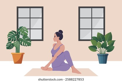 woman practicing yoga exercise, yoga pose. Stay fitted type. Design concept of web page design or mobile website. International Yoga Day. Vector illustration