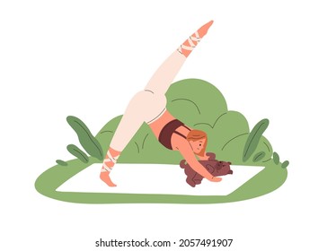 Woman Practicing Yoga Exercises With Cute Dog Outdoors. Happy Flexible Person During Body Stretching Workout With Pet, Training On Mat In Nature. Flat Vector Illustration Isolated On White Background.