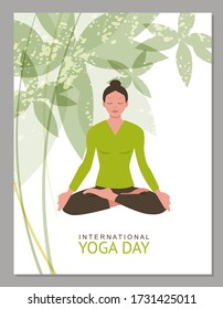 Woman practicing yoga exercises, postures, meditation. International Yoga Day. Modern flat design. Vector illustration