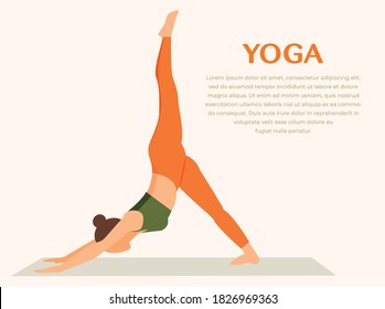 Woman practicing yoga fitness gymnastics. Banner with illustration of woman doing yoga or pilates exercise. girl sitting in 3 legged downward dog pose woman practicing on yoga mat. Vector Illustration