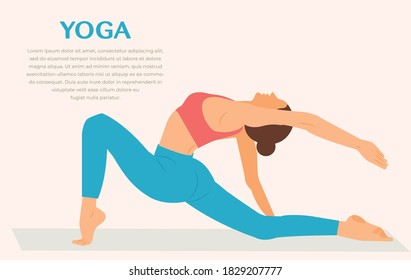 Woman practicing yoga fitness gymnastics. Banner with illustration of woman doing yoga or pilates exercise on yoga mat. doing yoga asana.  young girl standing stretching posture Vector Illustration