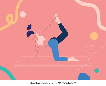 Woman practicing yoga fitness gymnastics. Banner with illustration of woman doing yoga or pilates exercise on yoga mat. D
Doing yoga asana. young girl standing stretching posture Vector Illustration.