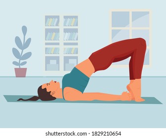 Woman practicing yoga or fitness at home. Banner with illustration of woman doing yoga or pilates exercise on mat. home background. Bridge Pose Setu Bandhasana Vector yoga asana  Illustration