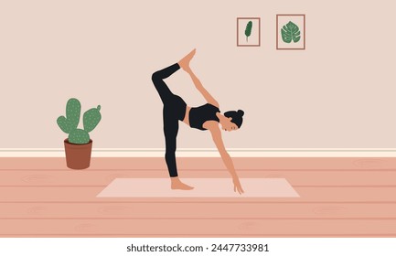 mujer practicando yoga, caída hacia adelante mientras sostiene la pose de la pierna