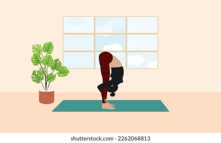 woman practicing yoga forward fold pose
