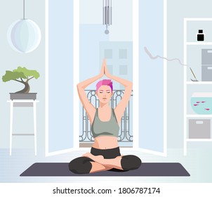 Woman practicing yoga in front of the open window. Flat vector illustration