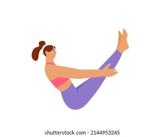 Woman practicing yoga, full boat pose. Flat vector illustration, isolated character