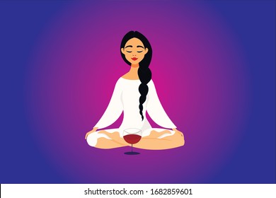 woman practicing yoga with a glass of red wine. A new trend, a high-profile type of workout among women. a fun workout for body and soul