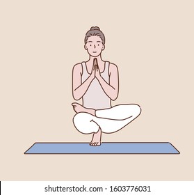 Woman practicing yoga. Hand drawn style vector design illustrations.