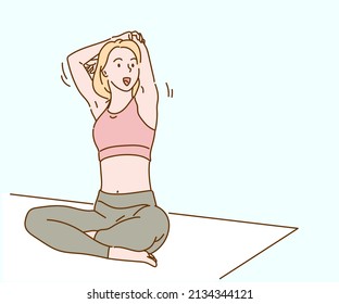 Woman practicing yoga. Hand drawn in thin line style, vector illustrations.