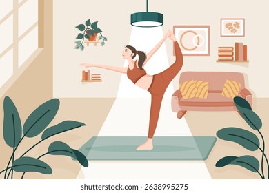 Woman practicing yoga at home in a cozy living room background. Daily workout, wellness and mindfulness concept illustration.