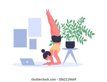 Woman practicing yoga at home with laptop on floor. Young girl doing sport exercises in sportswear and working. Female person having pilates. Headstand, salamba sirsasana position vector illustration