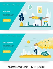 Woman practicing yoga at home. Meditation in harmony with nature and city concept illustration. Yoga online course, wellness, balance. Vector web site design template. Landing page website.