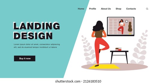 Woman practicing yoga at home with online video lesson. Girl standing in balancing pose and training flat vector illustration. Healthy workout concept for banner, website design or landing web page