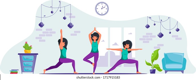 Woman Practicing Yoga At Home. Stay Home Concept. Health Benefits Of Meditation. Vector Illustration In A Flat Style.