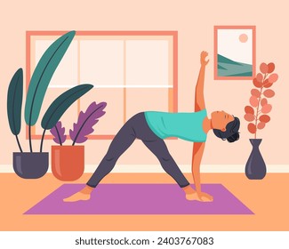 Woman practicing yoga at home vector illustration. Woman doing exercises on yoga mat. Interior of modern apartment. Healthy mind, healthy lifestyle, meditation concept.