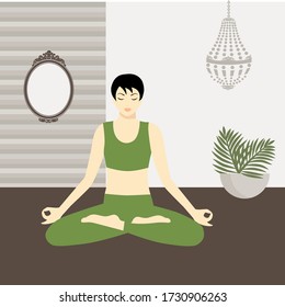 woman practicing yoga inside of living room, vector