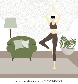 woman practicing yoga inside room. In behind her armchair and lamp and wall with mandala decor, in corner of room is home plant. Vector