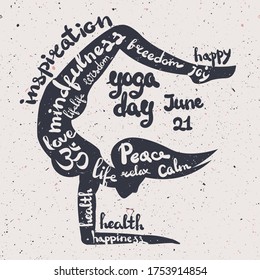 Woman Practicing Yoga, Inverted Pose. Grunge texture, handwritten lettering. Yogi girl with a slender figure, side view. Complicated yoga poses.